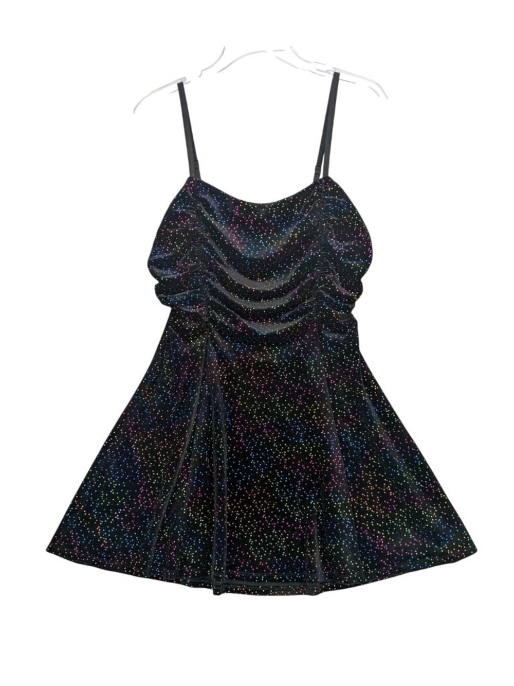 Cosmic Aura Black Velvet Rainbow Sparkle Mini Dress‎ Ruched Y2K Occasion Medium